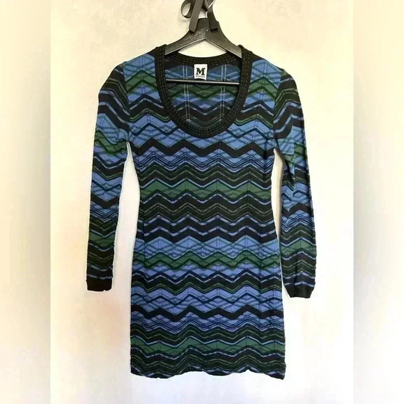 Missoni Blue Green Black Zigzag Long Sleeve Knit Mini Dress Size 36 (0) - Picture 1 of 7